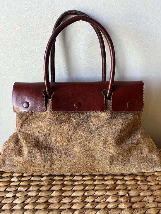 Handbags - Large Foldover Leather & Haircalf Tote Bag